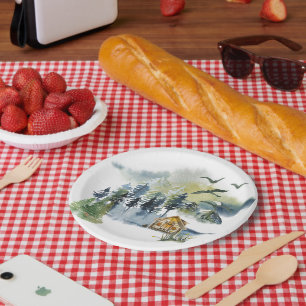 Watercolor forest scene  paper plate