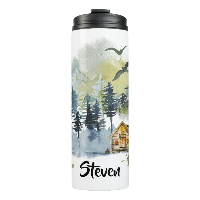 Watercolor forest scene personalised thermal tumbler (Front)