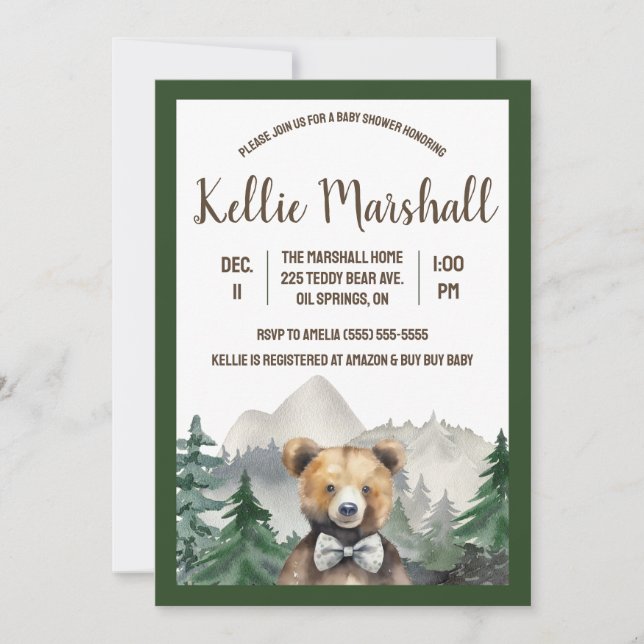 Watercolor Forest, Teddy Bear, Baby Shower Invitation (Front)