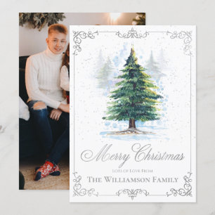 Watercolor Forest Trees Grey Elegant Frame Photo Holiday Card