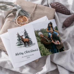 Watercolor Forest Trees Photo Merry Christmas Holiday Card