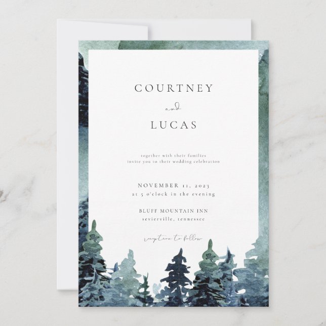 Watercolor Forest Wedding Invitation Woodsy Trees (Front)