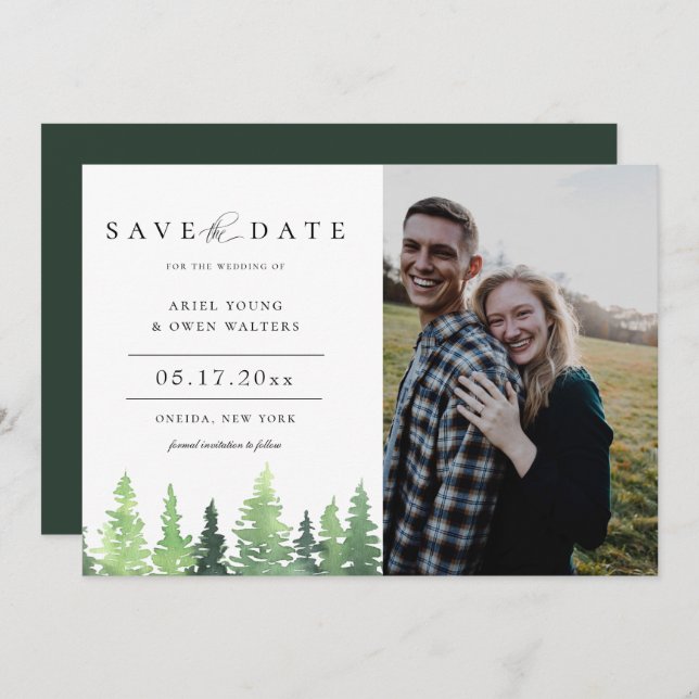 Watercolor Forest Wedding Save The Date Photo Announcement (Front/Back)