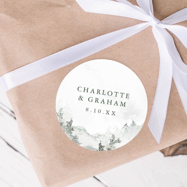 Watercolor Forest Wedding Sticker (Green and White Simple Minimalist Watercolor Forest Wedding Sticker
)