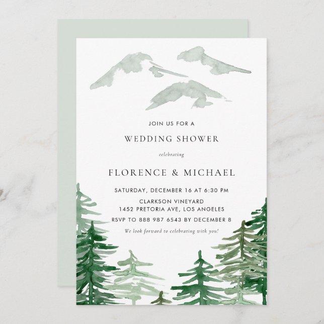 Watercolor Forest Winter Woodland Wedding Shower Invitation (Front/Back)