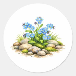 Watercolor Forget Me Not Flowers by the Rocks Classic Round Sticker
