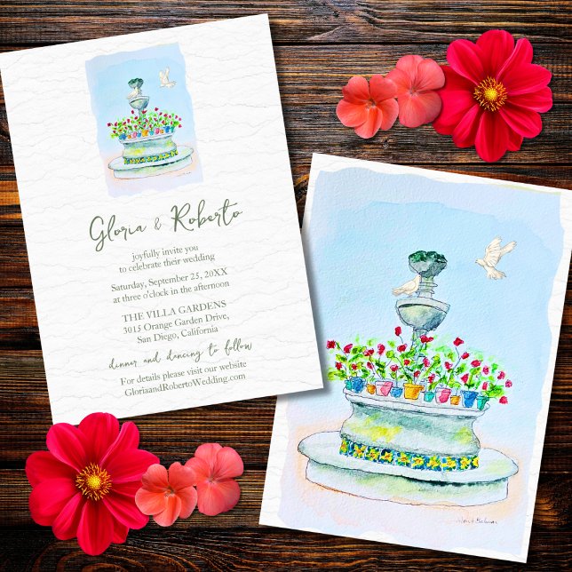 Watercolor Fountain with Doves Talavera Wedding Invitation (Creator Uploaded)