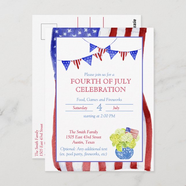 Watercolor Fourth of July Party Postcard (Front/Back)