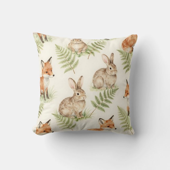 Watercolor Fox and Bunny Forest Pattern Cushion (Front)