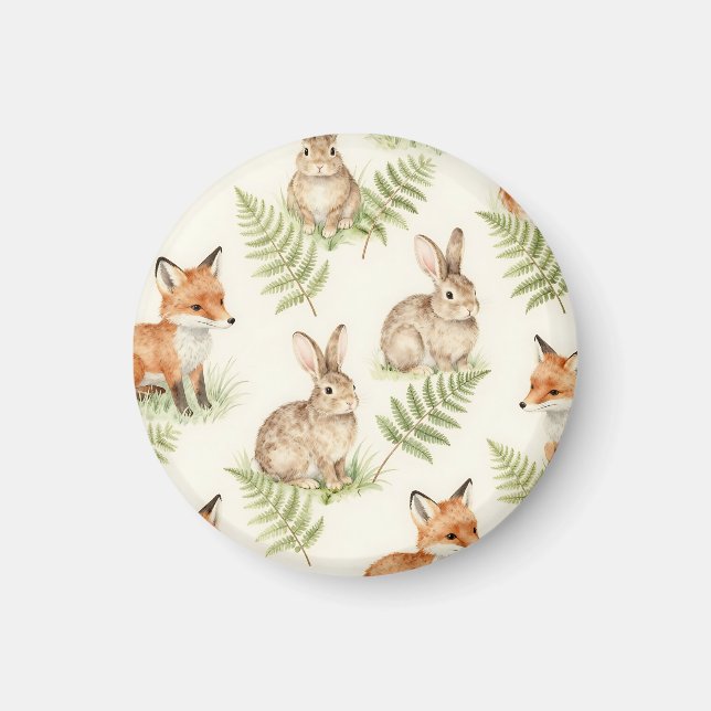 Watercolor Fox and Bunny Forest Pattern Magnet (Front)