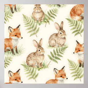 Watercolor Fox and Bunny Forest Pattern Poster