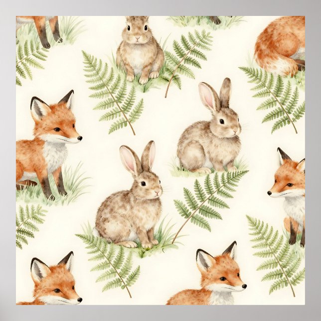 Watercolor Fox and Bunny Forest Pattern Poster (Front)