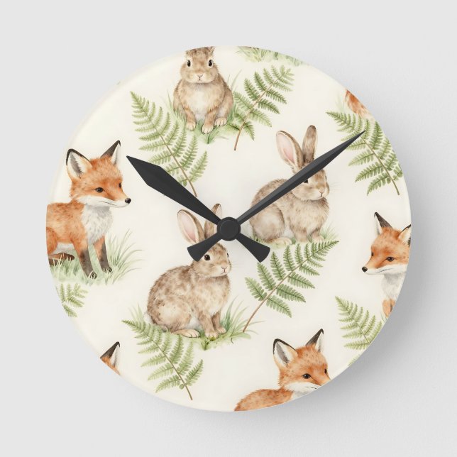 Watercolor Fox and Bunny Forest Pattern Round Clock (Front)