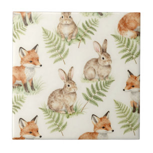 Watercolor Fox and Bunny Forest Pattern Tile