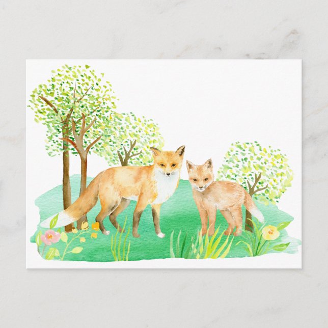 Watercolor fox and kit postcard (Front)