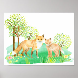 Watercolor Fox and Kit Poster