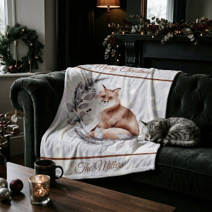 Watercolor fox and snow holiday fleece blanket