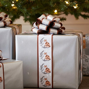 Watercolor fox and snow holiday satin ribbon