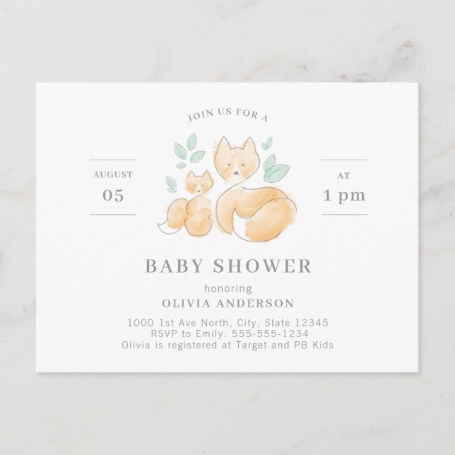 Watercolor Fox Baby Shower Invitation Postcard (Front)