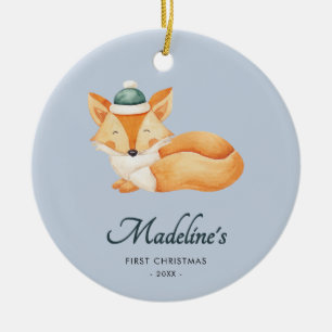 Watercolor Fox Blue Baby First Christmas Ceramic Tree Decoration