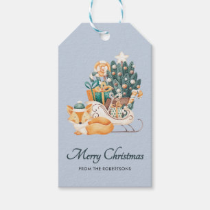 Watercolor Fox Christmas Sleighs Holiday Blue  Gift Tags