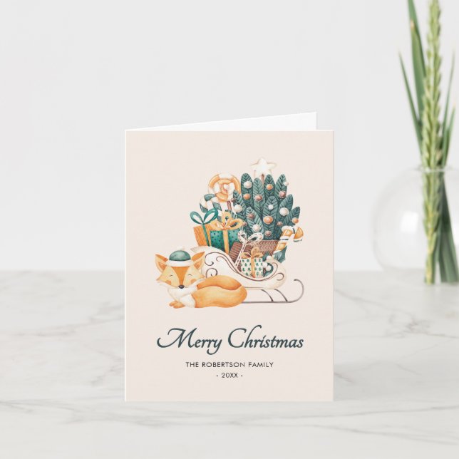 Watercolor Fox Christmas Sleighs Non-Photo Folded Holiday Card (Front)