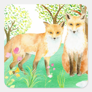 Watercolor fox couple art print square sticker