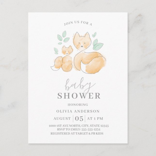 Watercolor Fox Family Baby Shower Invitation Postcard (Front)