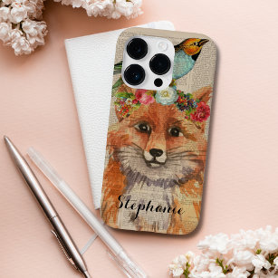 Watercolor Fox Floral Collage Personalised Name Case-Mate iPhone 14 Pro Case