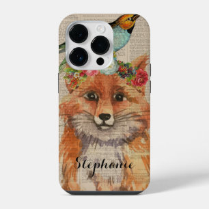 Watercolor Fox Floral Collage Personalised Name iPhone 14 Pro Case