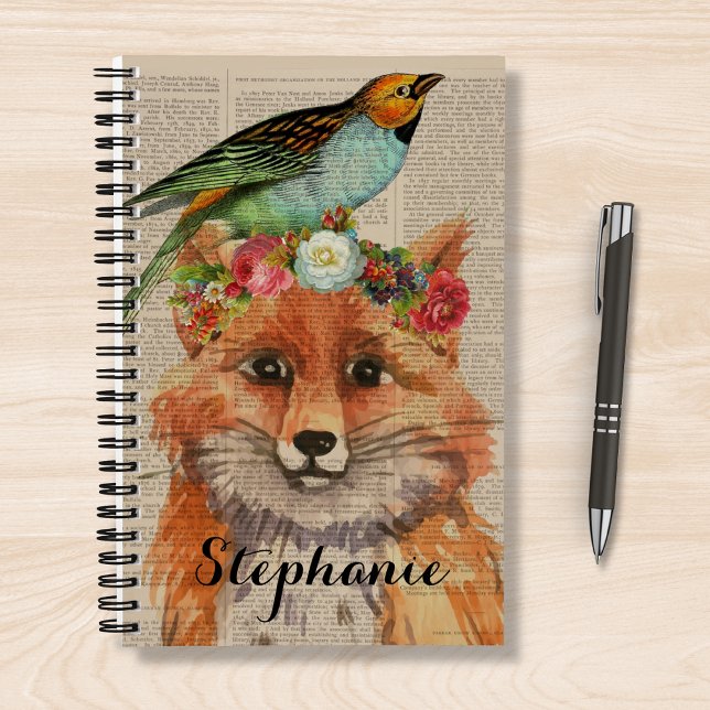 Watercolor Fox Floral Collage Personalised Name  Notebook (Creator Uploaded)
