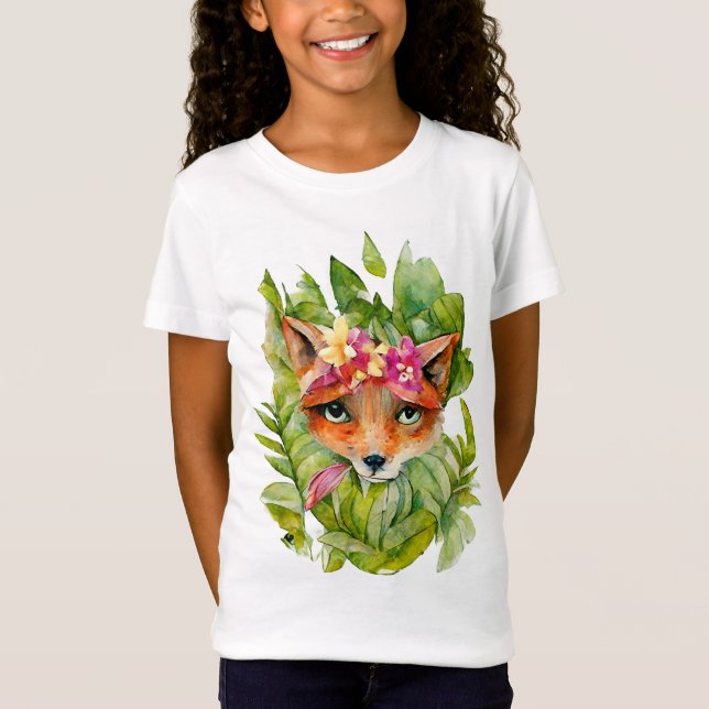 Watercolor Fox Flowers and Green Leaves T-Shirt (Front)