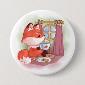 Watercolor Fox having Tea and Biscuits 7.5 Cm Round Badge