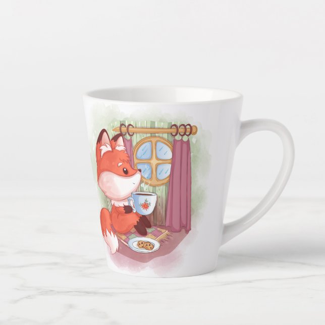 Watercolor Fox having Tea and Biscuits Latte Mug (Right)