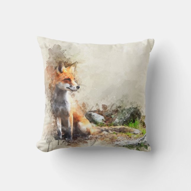 Watercolor Fox in Forest  Cushion (Front)