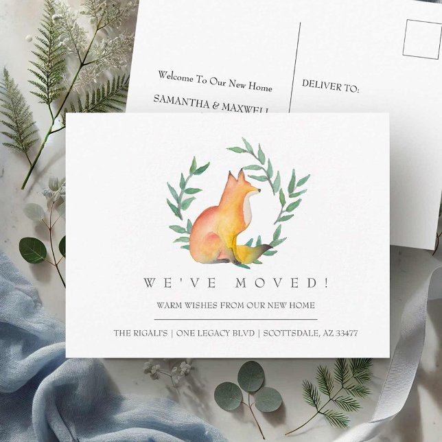 Watercolor Fox New Home Moving Announcement Postcard (change of address postcards watercolor fox and greenery art by Victoria Grigaliunas DoTellABelle)
