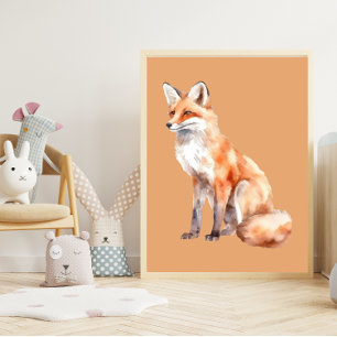 Watercolor Fox on pale orange Nursery Art Poster