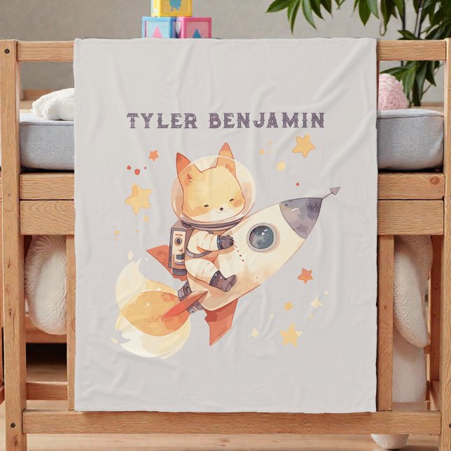 Watercolor Fox on Space Rocket Fleece Blanket (Creator Uploaded)