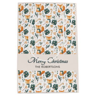 Watercolor Fox Pattern Merry Christmas Monogram Medium Gift Bag