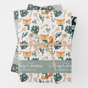 Watercolor Fox Pattern Merry Christmas Monogram Wrapping Paper Sheet