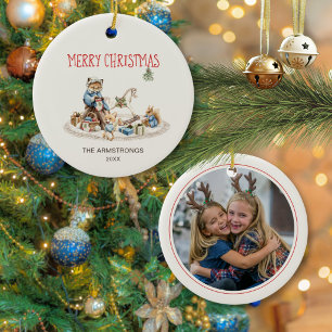 Watercolor Fox Rocking Horse Christmas Photo Ceramic Tree Decoration