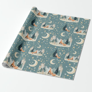 Watercolor Fox Trees and Stars Wrapping Paper