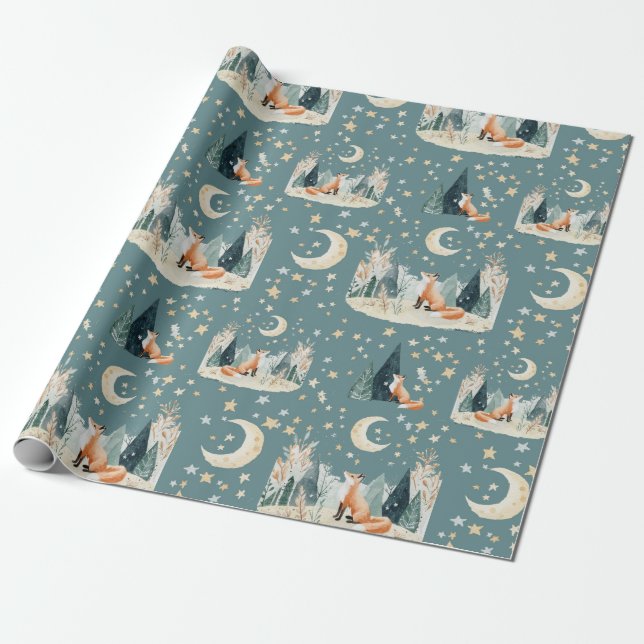 Watercolor Fox Trees and Stars Wrapping Paper (Unrolled)