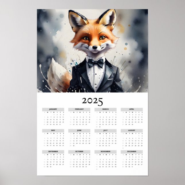 Watercolor Fox Tuxedo Bow Tie 2025 Wall Calendar Poster (Front)