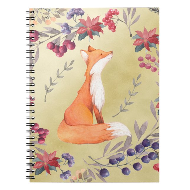 Watercolor Fox Winter Berries Gold Notebook (Front)