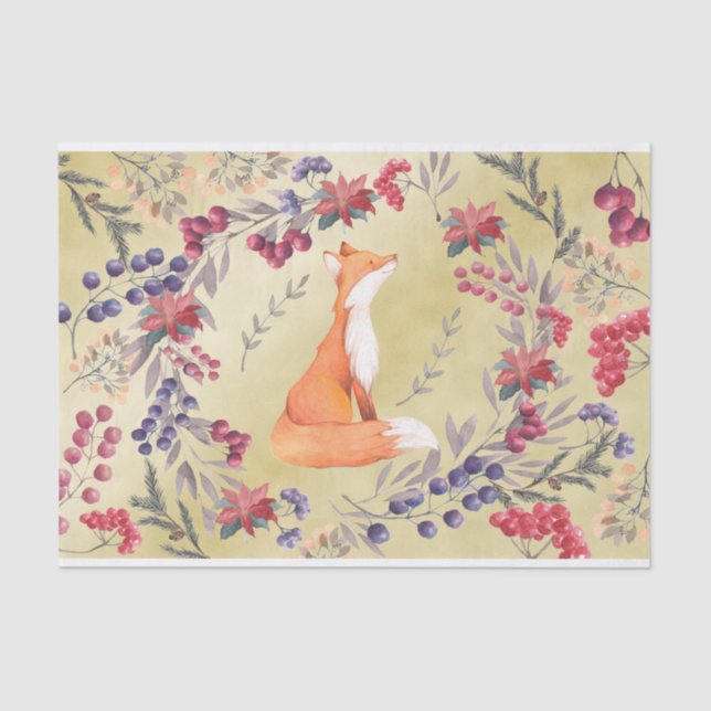 Watercolor Fox Winter Berries Gold Tissue Paper (Front)