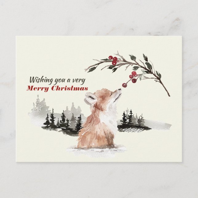 Watercolor Fox Wishing You A Very Merry Christmas Postcard (Front)