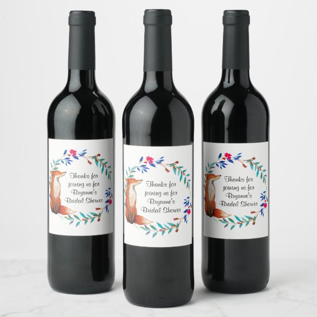 Watercolor Fox & Wreath Bridal Shower Wine Label (Bottles)