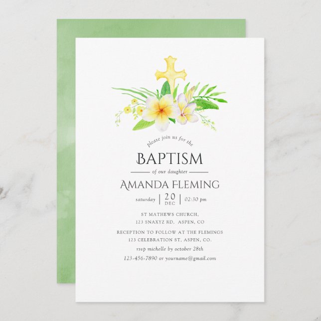 Watercolor Frangipani Baptism or Christening Invitation (Front/Back)