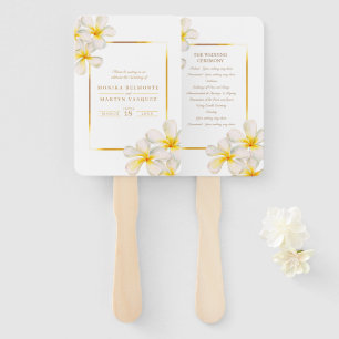 Watercolor frangipani white wedding program hand fan